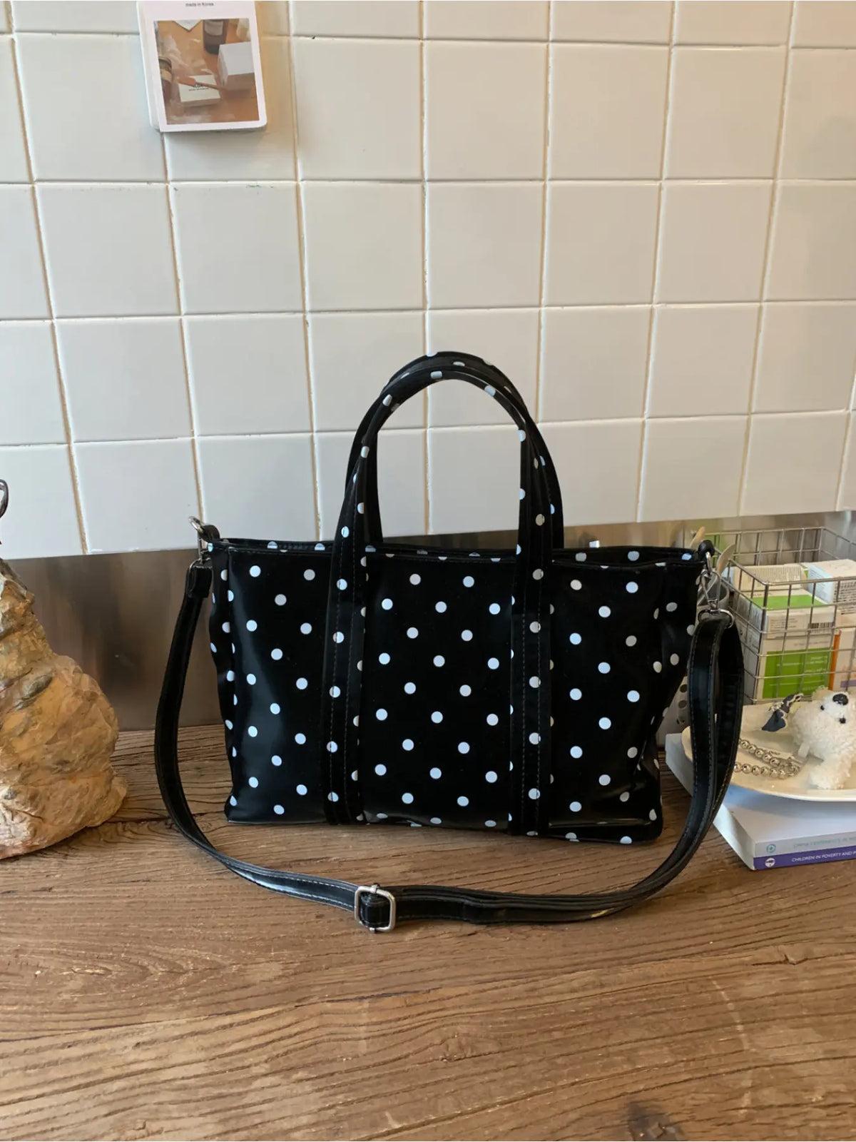 French Polka Dot Printed PU Tote Bag, Fashionable Patterned Bag, Soft Commuter Tote, Soft Silhouette with Classic Polka Dot Design, Exuding Retro Atmosphere, Paired with Detachable Shoulder Straps, Perfect for Dresses, Shirts, and Casual Wear