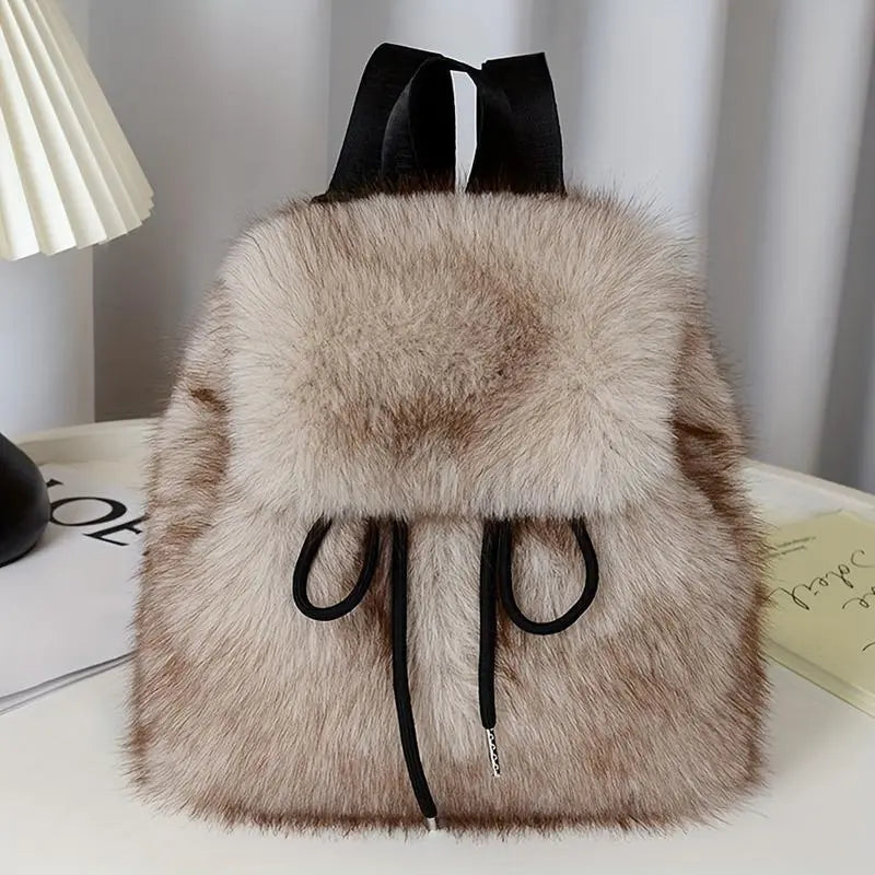 Women'S Soft Faux Plush Backpack - Lightweight, Durable, Adjustable Straps, Dual-Compartment, Versatile, White/Black, Cozy Seasonal Gift, Small Campus Backpacks for School, Ideal for Everyday Use,Sohochic