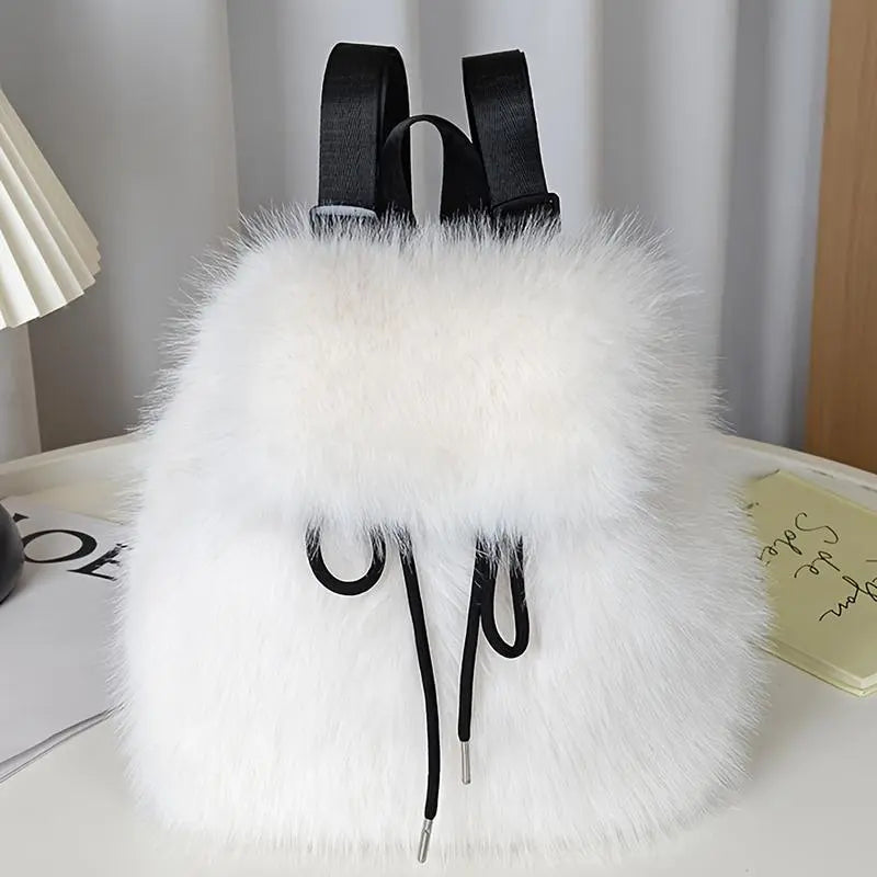 Women'S Soft Faux Plush Backpack - Lightweight, Durable, Adjustable Straps, Dual-Compartment, Versatile, White/Black, Cozy Seasonal Gift, Small Campus Backpacks for School, Ideal for Everyday Use,Sohochic