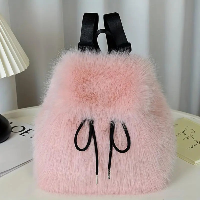 Women'S Soft Faux Plush Backpack - Lightweight, Durable, Adjustable Straps, Dual-Compartment, Versatile, White/Black, Cozy Seasonal Gift, Small Campus Backpacks for School, Ideal for Everyday Use,Sohochic