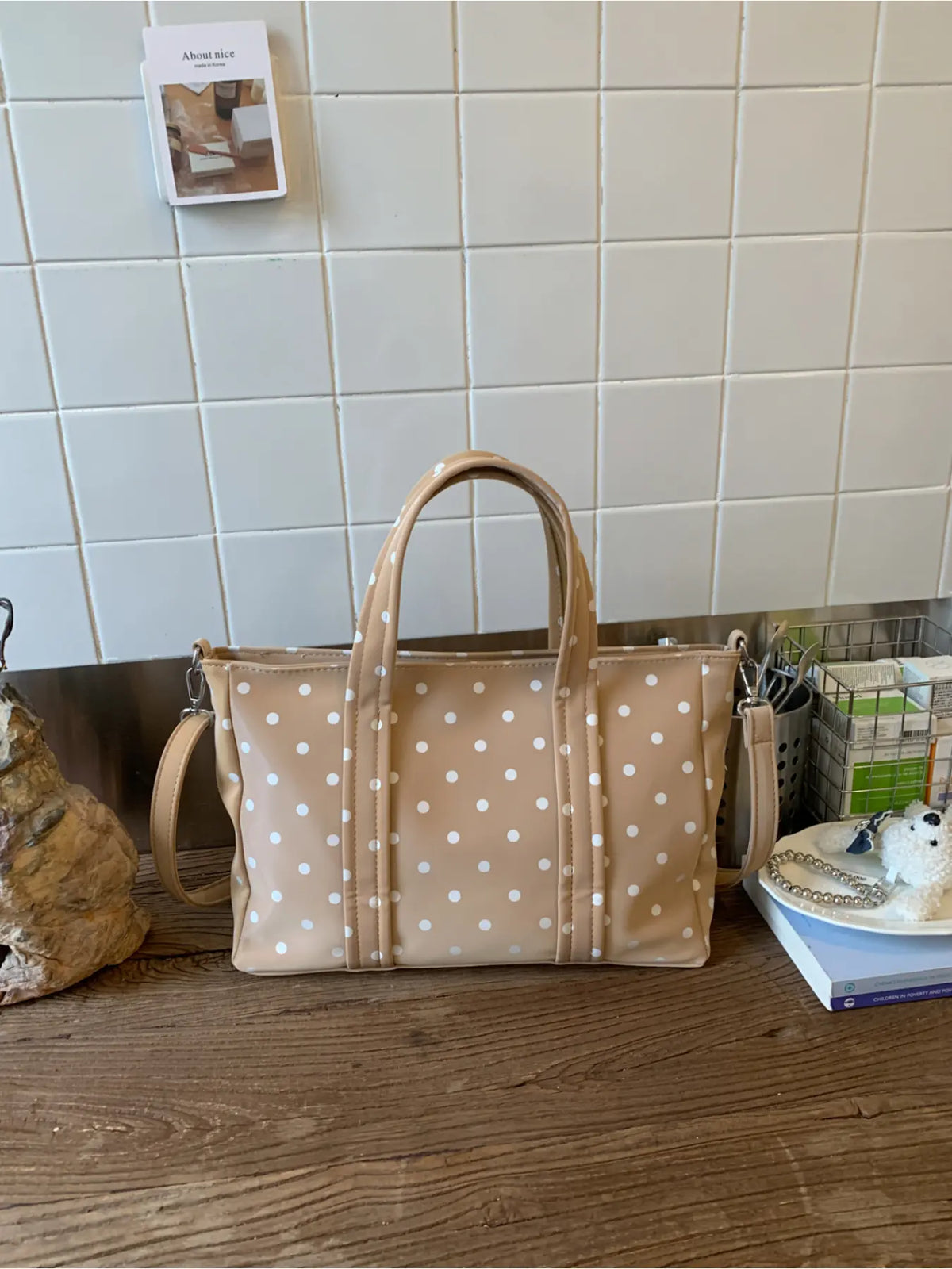 French Polka Dot Printed PU Tote Bag, Fashionable Patterned Bag, Soft Commuter Tote, Soft Silhouette with Classic Polka Dot Design, Exuding Retro Atmosphere, Paired with Detachable Shoulder Straps, Perfect for Dresses, Shirts, and Casual Wear