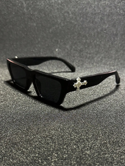 Men'S Fashion Rhinestone Cross Pendant Glasses, PC Anti-Explosion Lenses, Sporty Casual Streetwear, Vintage Flat Top Sunglasses