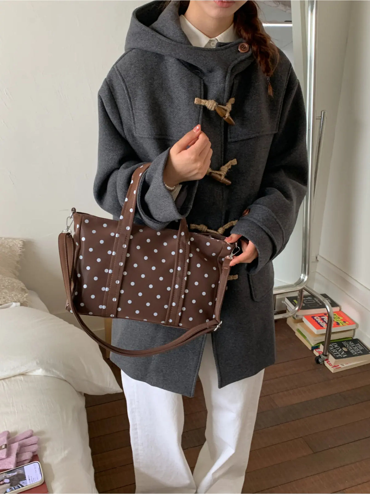 French Polka Dot Printed PU Tote Bag, Fashionable Patterned Bag, Soft Commuter Tote, Soft Silhouette with Classic Polka Dot Design, Exuding Retro Atmosphere, Paired with Detachable Shoulder Straps, Perfect for Dresses, Shirts, and Casual Wear