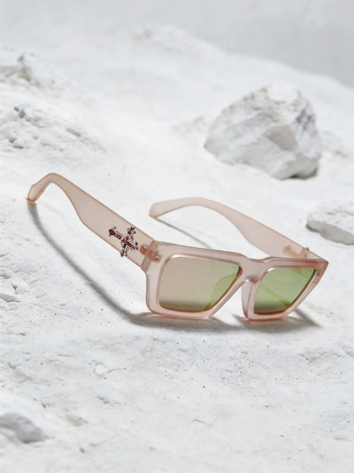 Men'S Fashion Rhinestone Cross Pendant Glasses, PC Anti-Explosion Lenses, Sporty Casual Streetwear, Vintage Flat Top Sunglasses