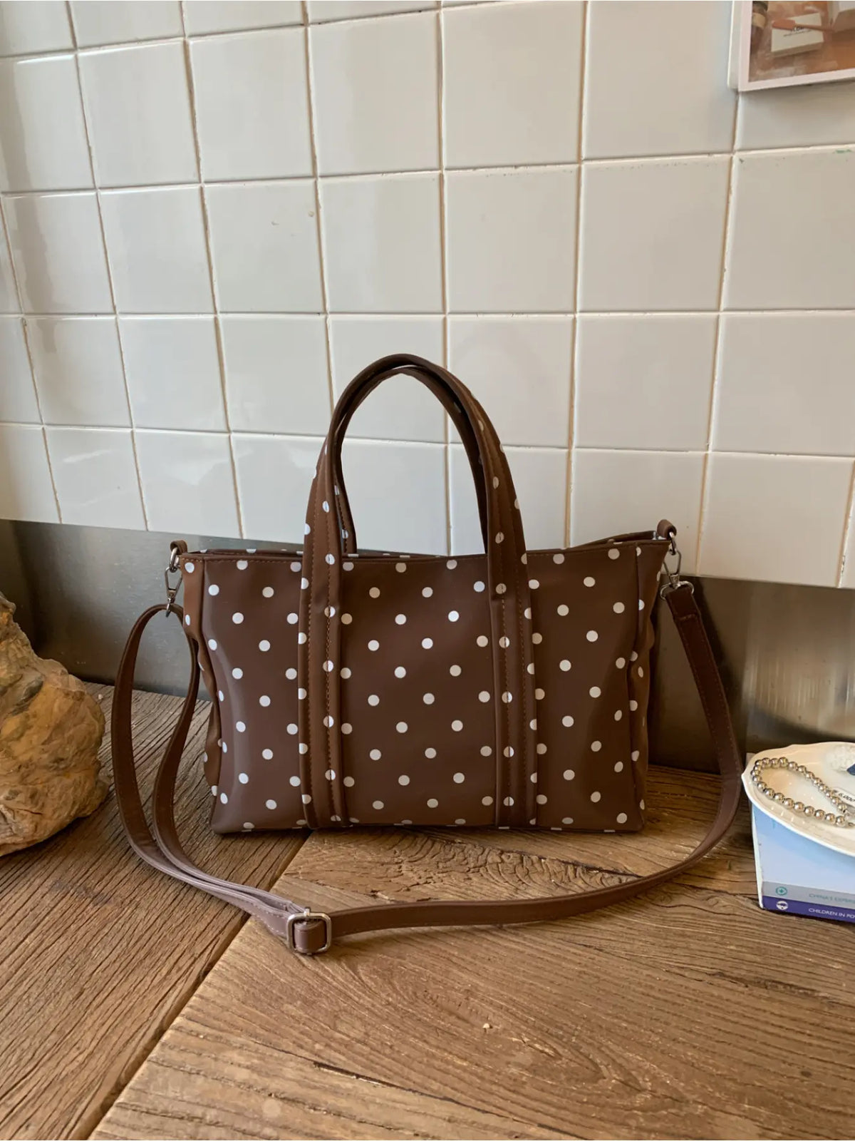 French Polka Dot Printed PU Tote Bag, Fashionable Patterned Bag, Soft Commuter Tote, Soft Silhouette with Classic Polka Dot Design, Exuding Retro Atmosphere, Paired with Detachable Shoulder Straps, Perfect for Dresses, Shirts, and Casual Wear