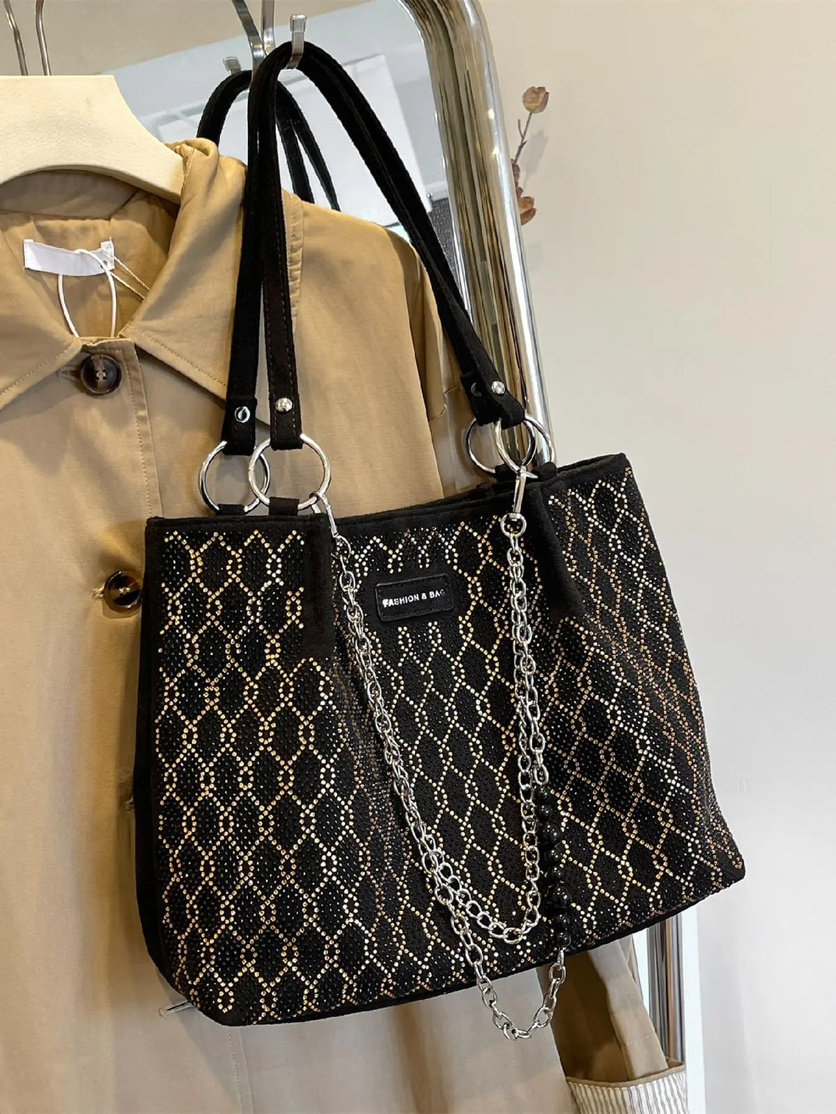 Elegant Shoulder Bag for Work & Back to School, Fashionable Chain Strap Design Large Capacity Shoulder Bag for Party, Dating, Casual Trendy Commuting Bag, Ladies Purse Tote Bag for Women, Studded Bag, Crossbody Chain Bag