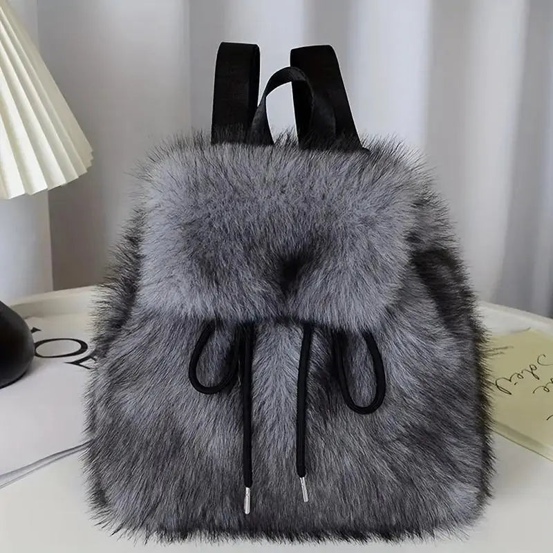 Women'S Soft Faux Plush Backpack - Lightweight, Durable, Adjustable Straps, Dual-Compartment, Versatile, White/Black, Cozy Seasonal Gift, Small Campus Backpacks for School, Ideal for Everyday Use,Sohochic