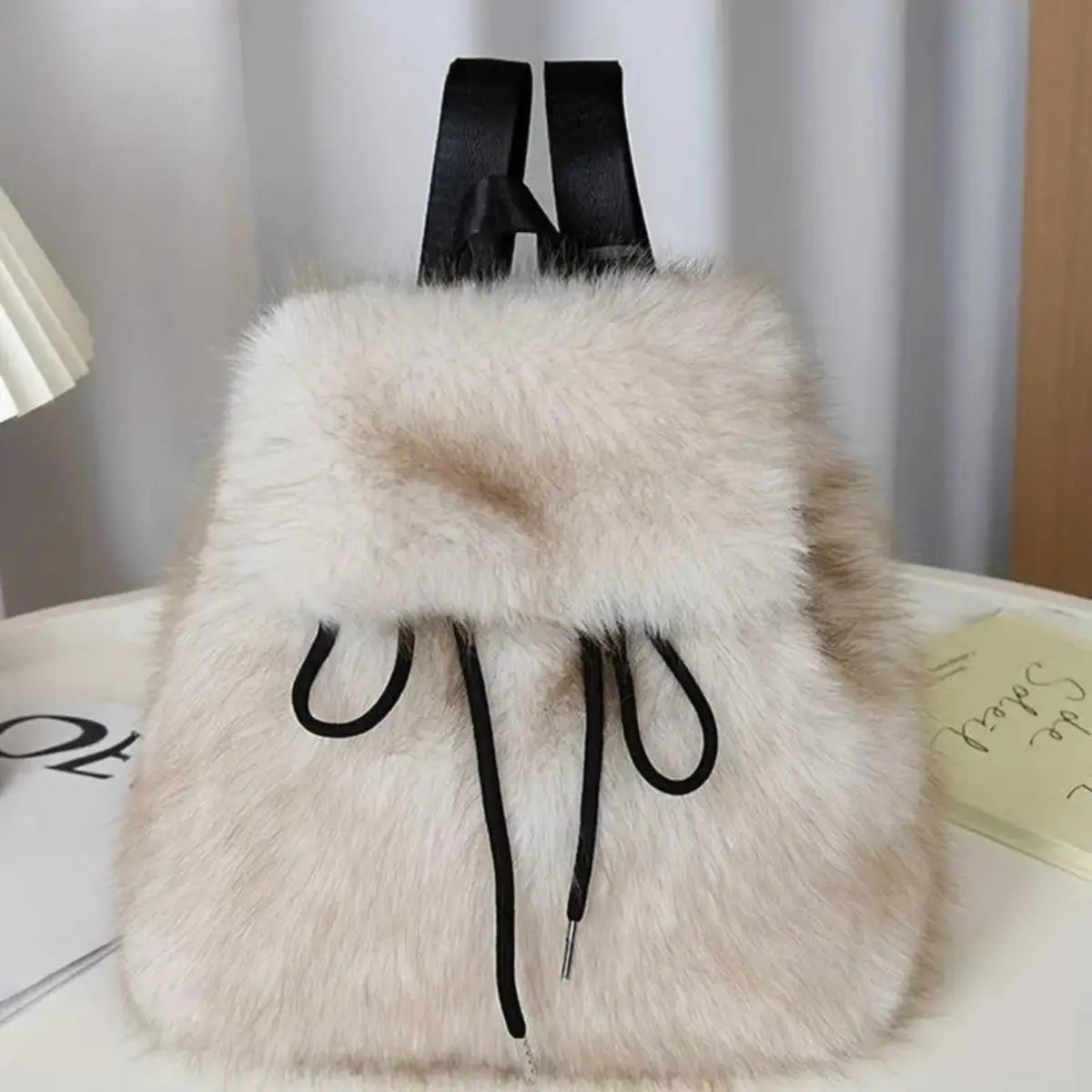 Women'S Soft Faux Plush Backpack - Lightweight, Durable, Adjustable Straps, Dual-Compartment, Versatile, White/Black, Cozy Seasonal Gift, Small Campus Backpacks for School, Ideal for Everyday Use,Sohochic