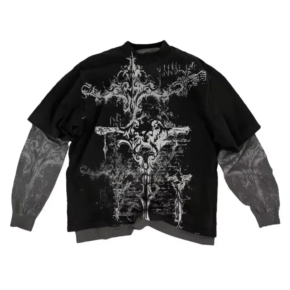 Y2K American Skull Pattern Long Sleeve T-Shirt for Men & Women – Oversized Round Neck Gothic Streetwear Casual Graphic Tee