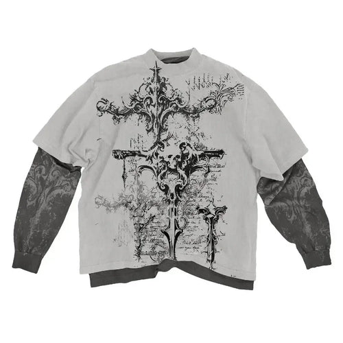 Y2K American Skull Pattern Long Sleeve T-Shirt for Men & Women – Oversized Round Neck Gothic Streetwear Casual Graphic Tee