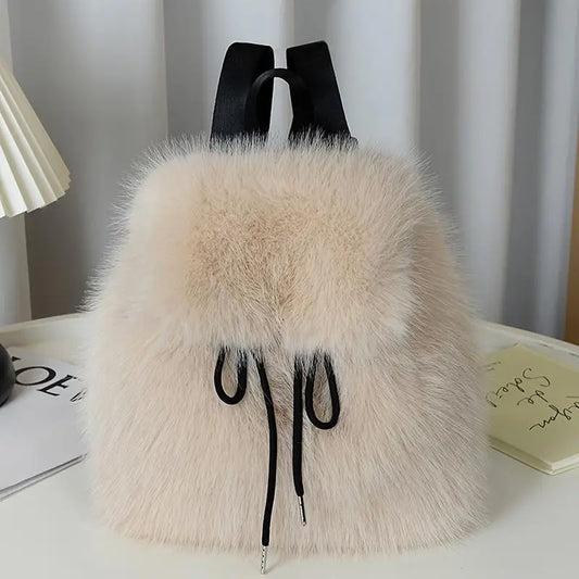 Women'S Soft Faux Plush Backpack - Lightweight, Durable, Adjustable Straps, Dual-Compartment, Versatile, White/Black, Cozy Seasonal Gift, Small Campus Backpacks for School, Ideal for Everyday Use,Sohochic