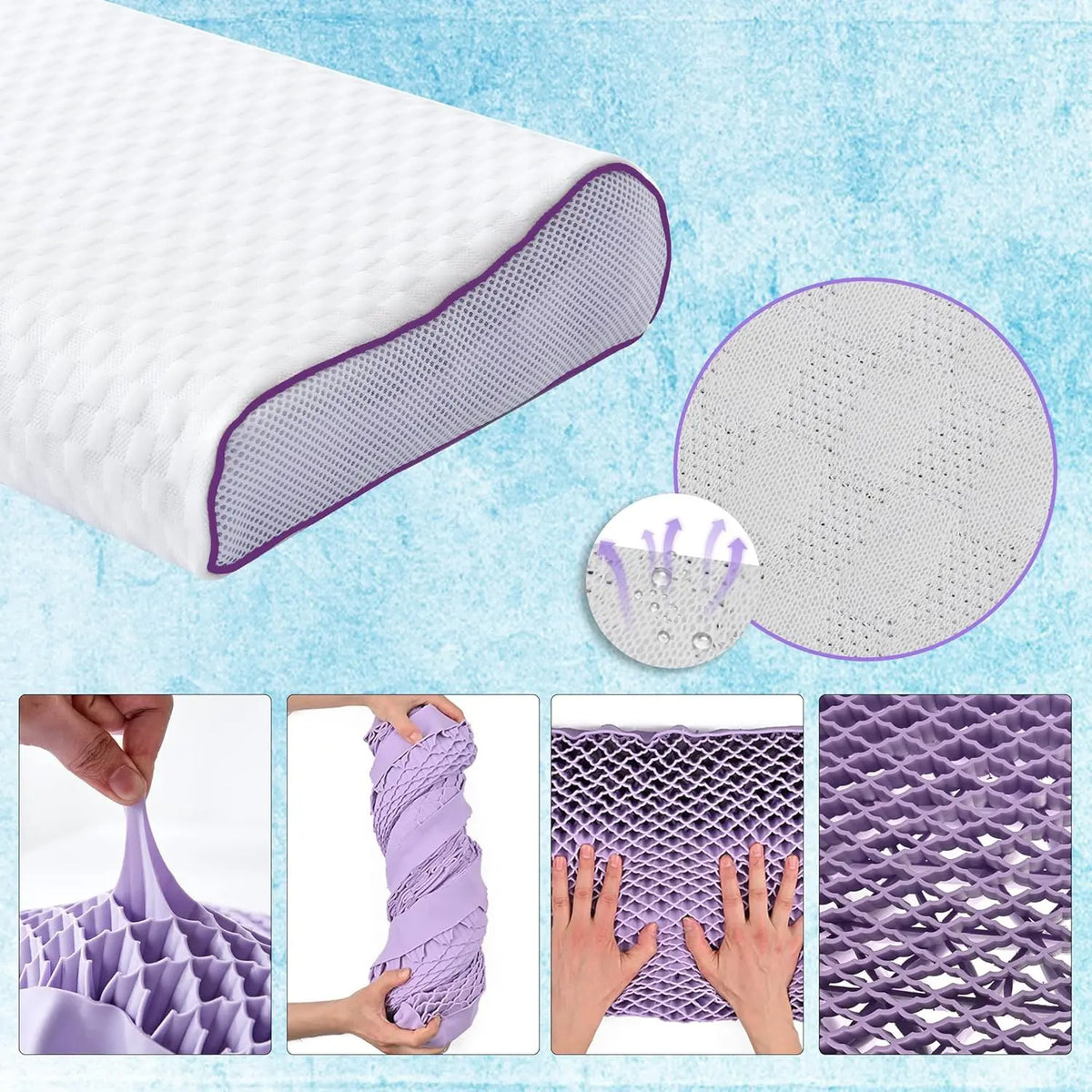 Purple Honeycomb Gel Pillow, 100% Elastic Mesh, Large-Size Contoured Ergonomic Cooling Pillow, Includes Breathable Cover, Fully Washable, Easy Maintenance, Ideal Cooling Pillow for Summer #GLOBAL PICKS