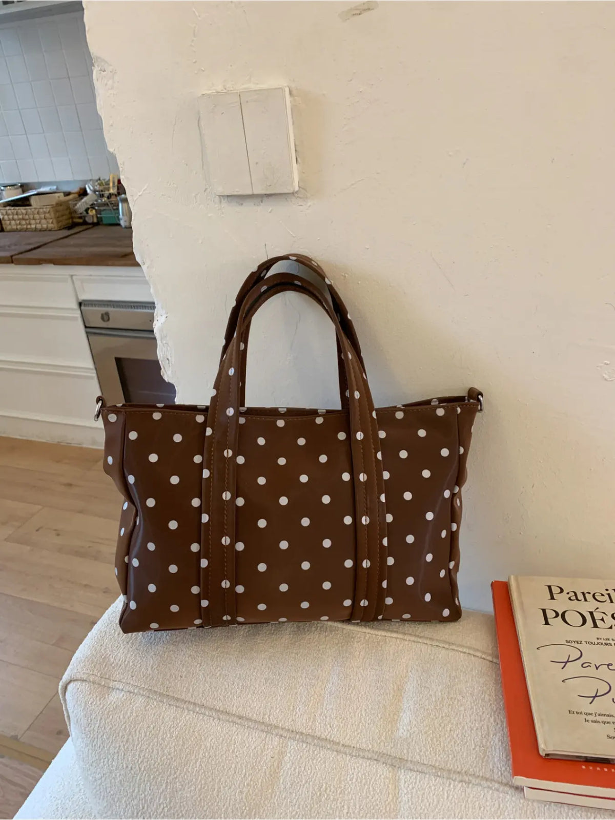 French Polka Dot Printed PU Tote Bag, Fashionable Patterned Bag, Soft Commuter Tote, Soft Silhouette with Classic Polka Dot Design, Exuding Retro Atmosphere, Paired with Detachable Shoulder Straps, Perfect for Dresses, Shirts, and Casual Wear