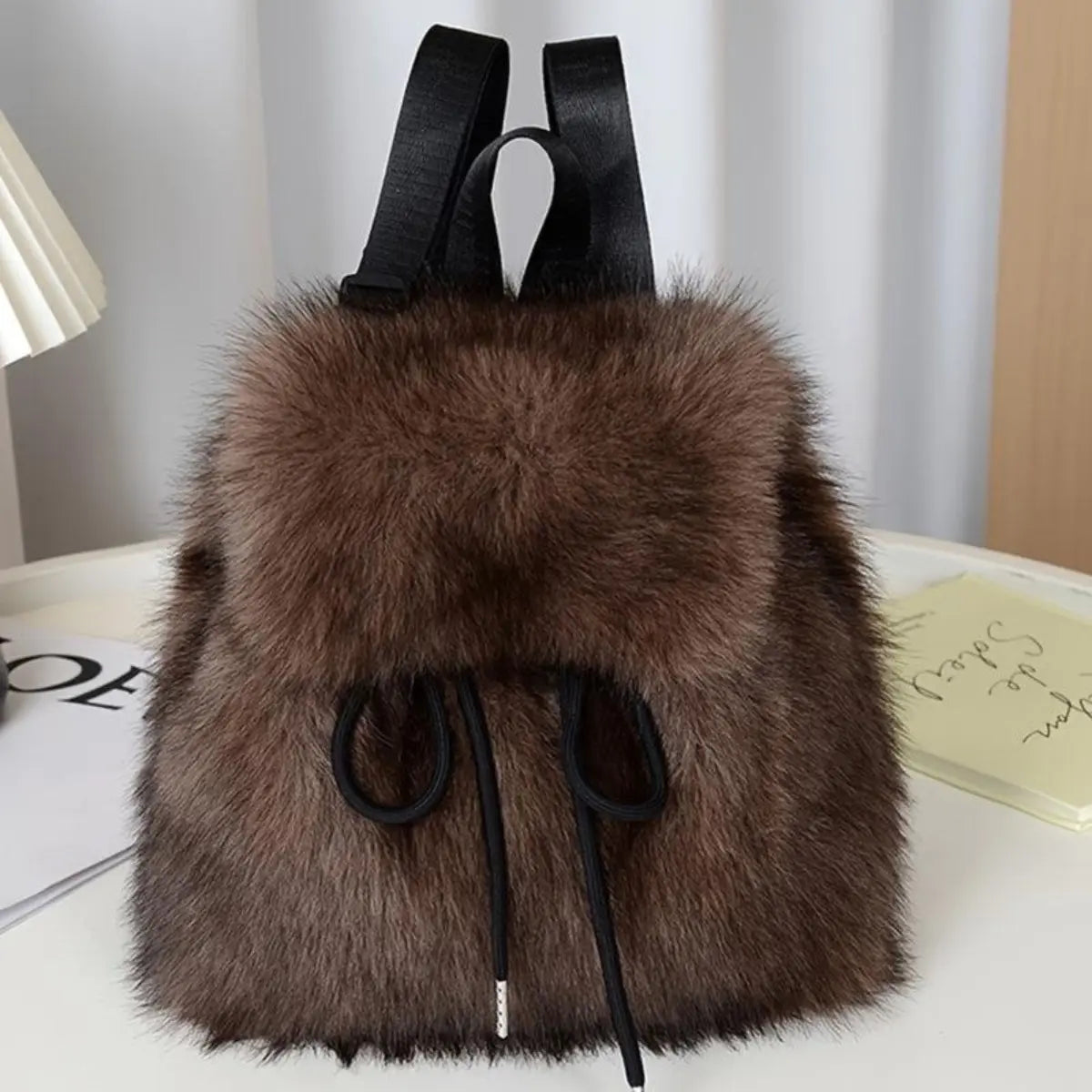 Women'S Soft Faux Plush Backpack - Lightweight, Durable, Adjustable Straps, Dual-Compartment, Versatile, White/Black, Cozy Seasonal Gift, Small Campus Backpacks for School, Ideal for Everyday Use,Sohochic