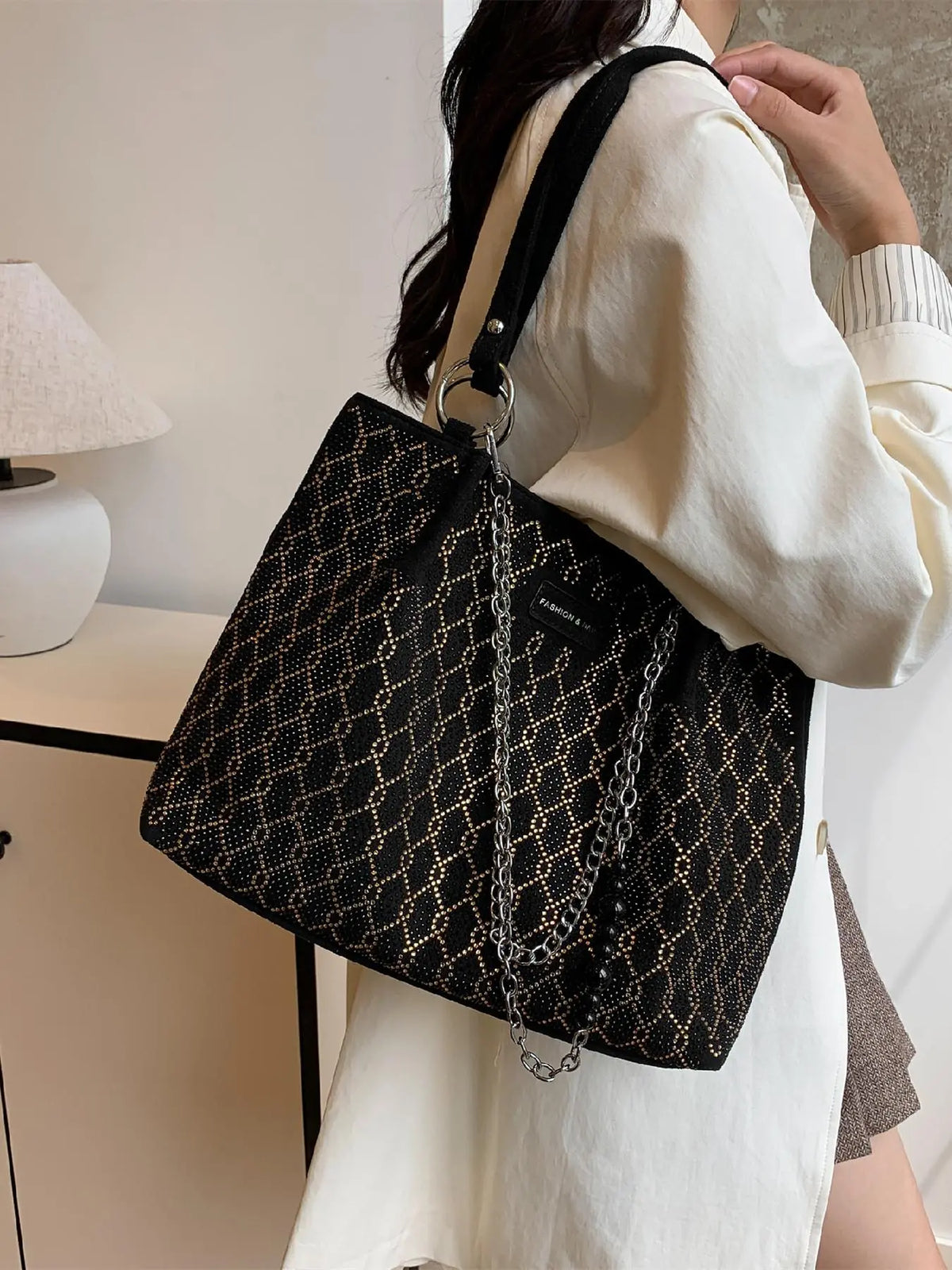 Elegant Shoulder Bag for Work & Back to School, Fashionable Chain Strap Design Large Capacity Shoulder Bag for Party, Dating, Casual Trendy Commuting Bag, Ladies Purse Tote Bag for Women, Studded Bag, Crossbody Chain Bag