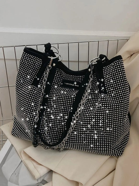 Elegant Shoulder Bag for Work & Back to School, Fashionable Chain Strap Design Large Capacity Shoulder Bag for Party, Dating, Casual Trendy Commuting Bag, Ladies Purse Tote Bag for Women, Studded Bag, Crossbody Chain Bag