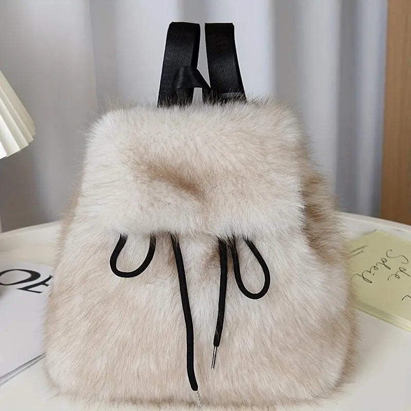 Women'S Soft Faux Plush Backpack - Lightweight, Durable, Adjustable Straps, Dual-Compartment, Versatile, White/Black, Cozy Seasonal Gift, Small Campus Backpacks for School, Ideal for Everyday Use,Sohochic