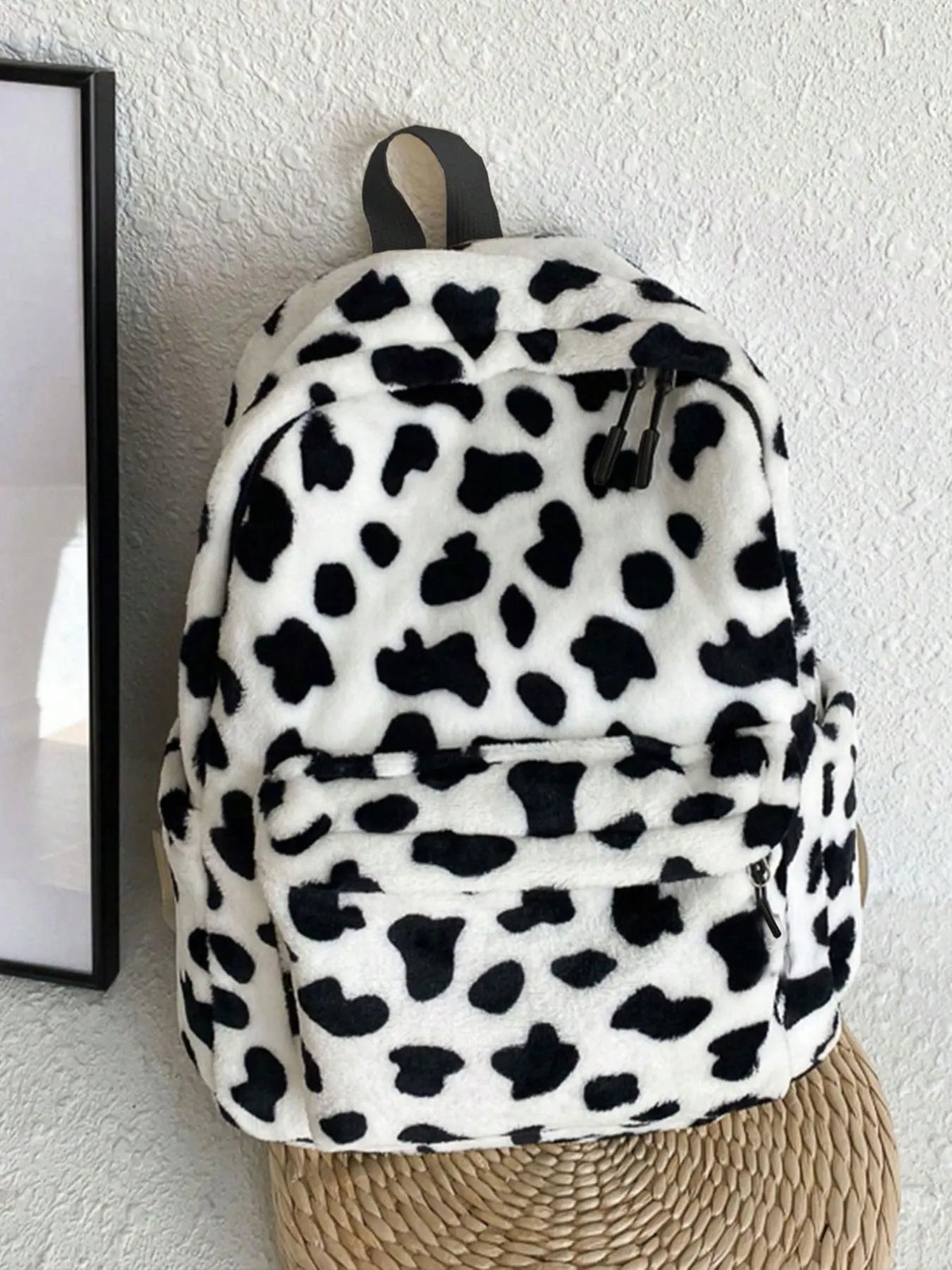 Fluffy Casual Leopard Pattern Plush Versatile Backpack, Casual Zipper Backpack for Women & Men, Fashionable Trendy Backpack for Daily Use