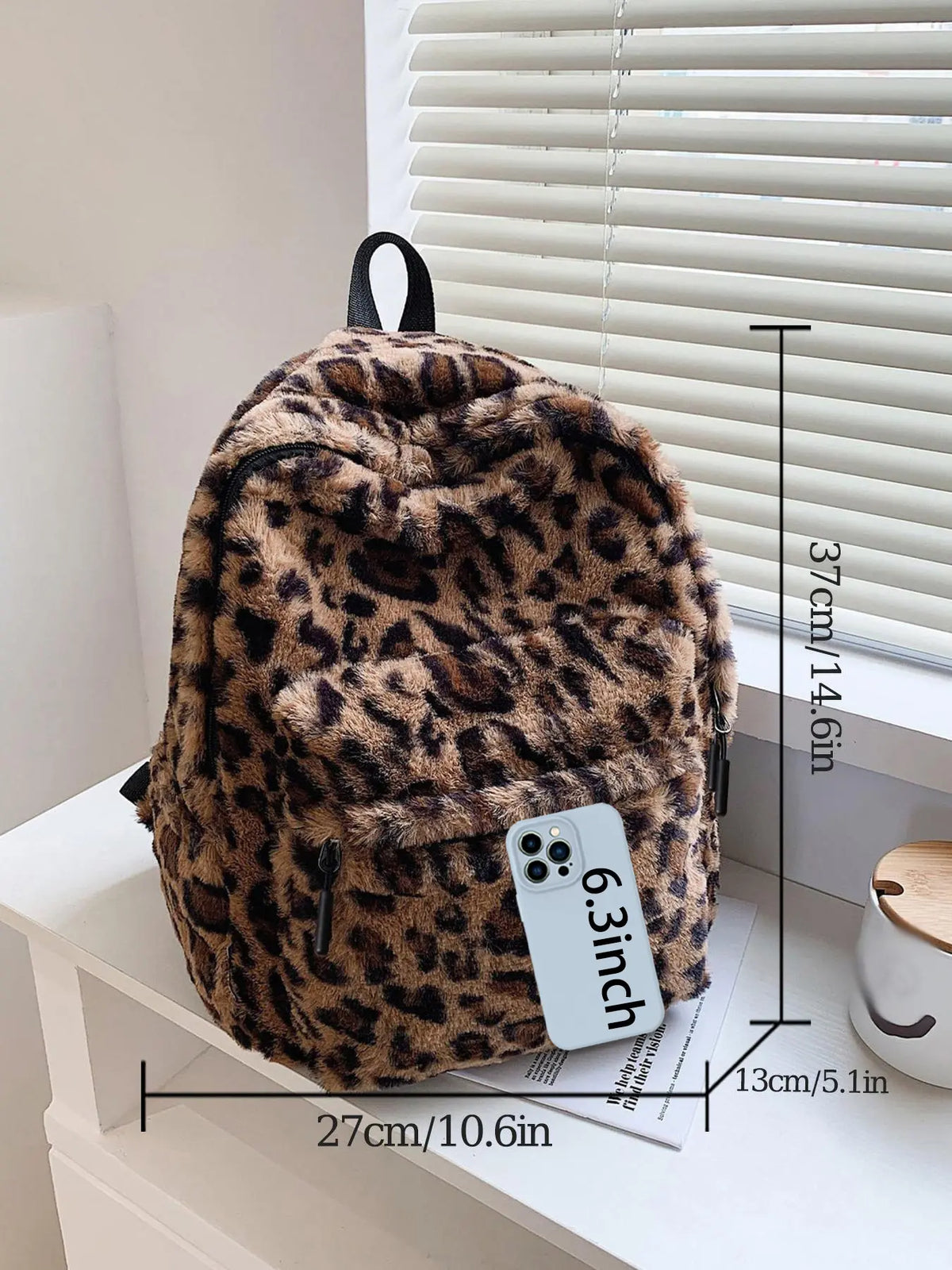 Fluffy Casual Leopard Pattern Plush Versatile Backpack, Casual Zipper Backpack for Women & Men, Fashionable Trendy Backpack for Daily Use